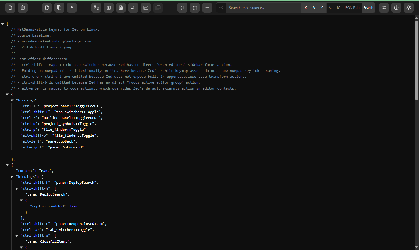 JSON All-in-One displaying commented GitHub raw JSONC as an interactive tree with an expanded bindings object.