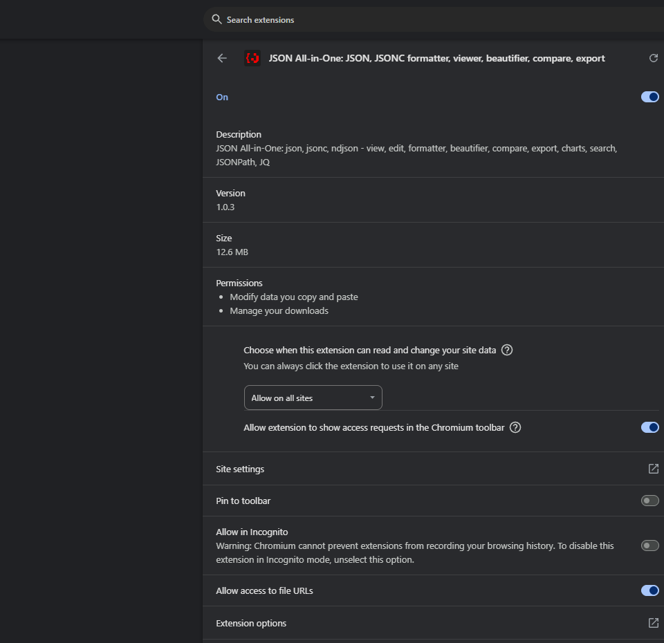 Chrome extension details page with Allow access to file URLs enabled for JSON All-in-One.